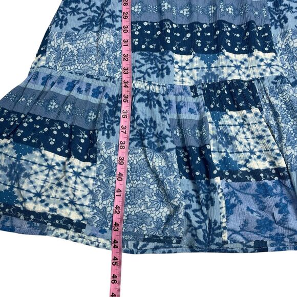 Frye Women's Midi Dress Medium Blue Patchwork Tassel Tie V-Neck Long Sleeve Boho - Picture 10 of 12